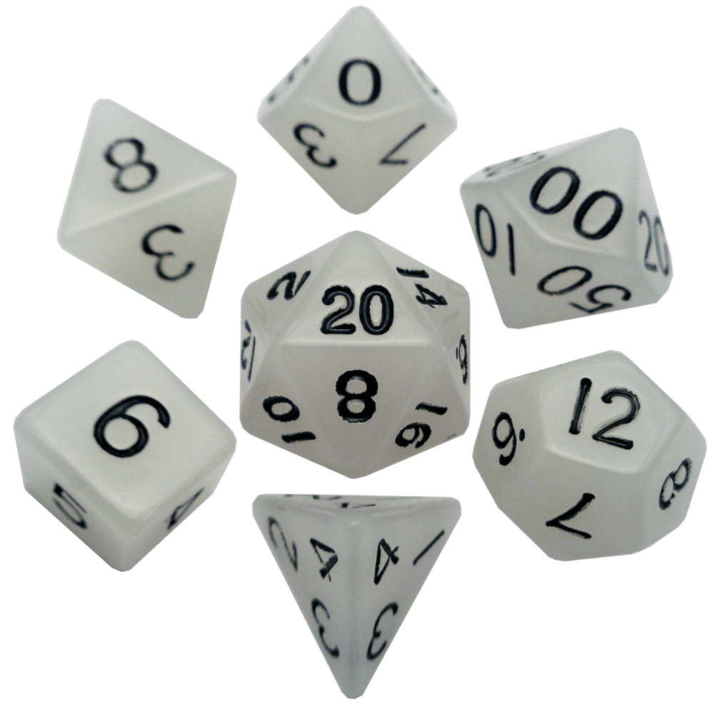 Metallic Dice Games Glow in the Dark Clear/Black 7ct Polyhedral Dice Set Dice FanRoll by Metallic Dice Games   
