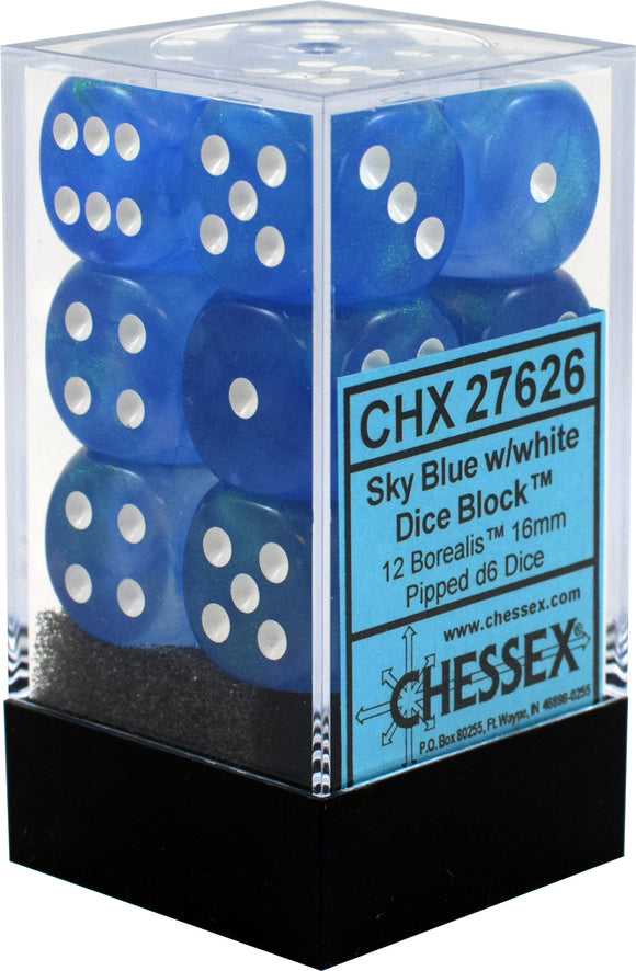 Chessex 16mm Borealis Sky Blue/White 12ct D6 Set (27626) Dice Chessex   