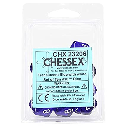 Chessex Translucent Blue/White 10ct D10 Set (23206) Dice Chessex   