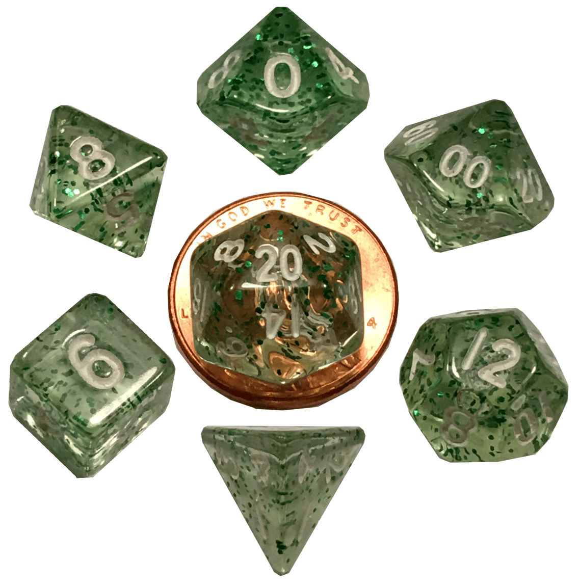 Metallic Dice Games Mini Ethereal Green/White 7ct Polyhedral Set Dice FanRoll by Metallic Dice Games