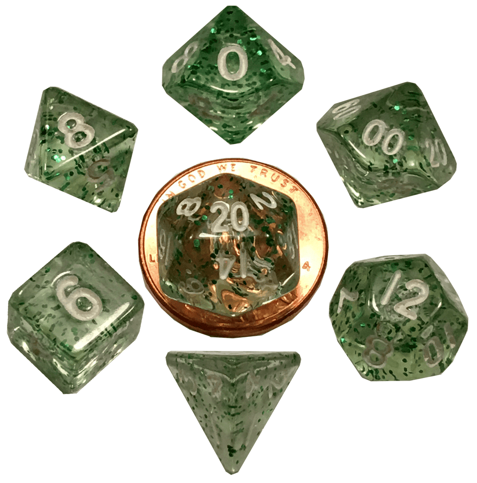 Metallic Dice Games Mini Ethereal Green/White 7ct Polyhedral Set Dice FanRoll by Metallic Dice Games