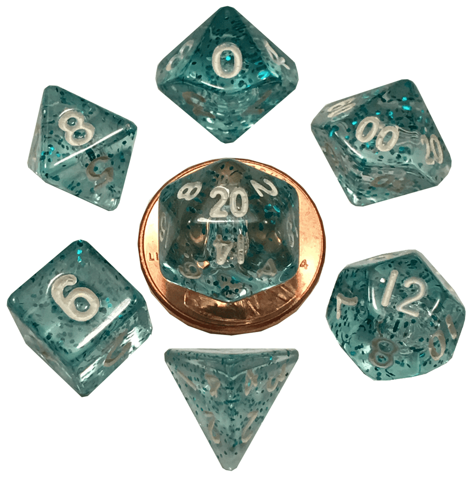 Metallic Dice Games Mini Ethereal Light Blue/White 7ct Polyhedral Set Dice FanRoll by Metallic Dice Games   