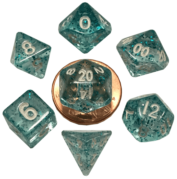 Metallic Dice Games Mini Ethereal Light Blue/White 7ct Polyhedral Set Dice FanRoll   