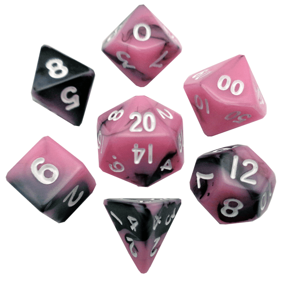 Metallic Dice Games Mini Pink-Black/White 7ct Polyhedral Dice Set  FanRoll   