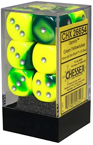 Chessex 16mm Gemini Green Yellow/Silver 12ct D6 Set (26654) Dice Chessex   