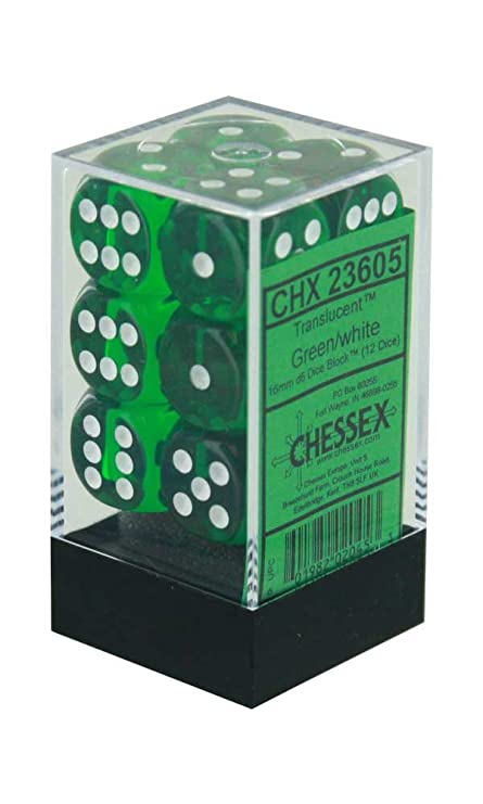 Chessex 16mm Translucent Green/White 12ct D6 Set (23605) Dice Chessex   