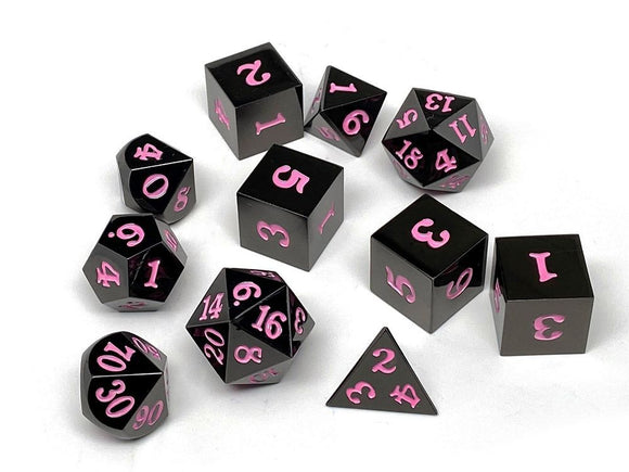 Easy Roller Metal Gunmetal Pink Signature Font 11ct Polyhedral Set Role Playing Games Easy Roller Dice   