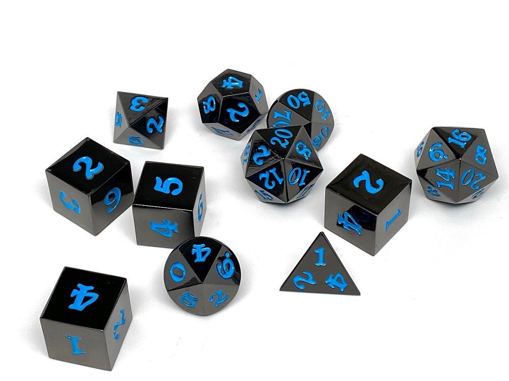 Easy Roller Metal Gunmetal Powder Blue Signature Font 11ct Polyhedral Set Dice Easy Roller Dice