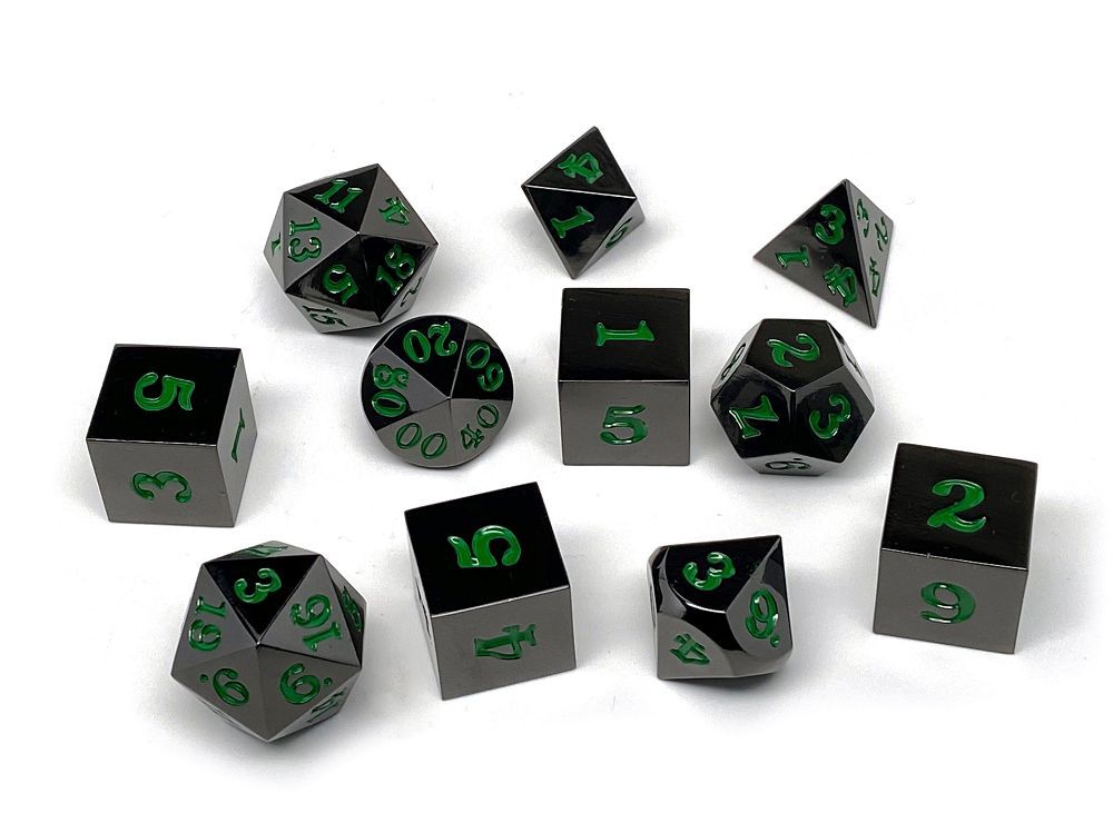 Easy Roller Metal Gunmetal Green Signature Font 11ct Polyhedral Set Dice Easy Roller Dice