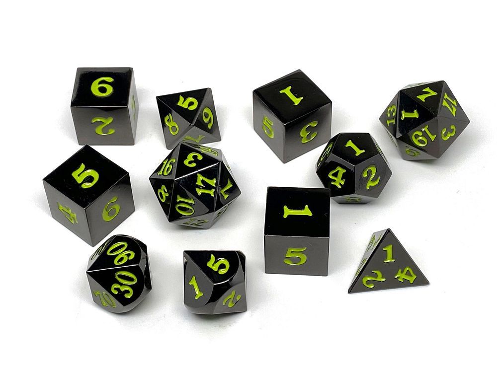 Easy Roller Metal Gunmetal Lime Signature Font 11ct Polyhedral Set Dice Easy Roller Dice
