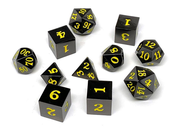 Easy Roller Metal Gunmetal Yellow Signature Font 11ct Polyhedral Set Role Playing Games Easy Roller Dice   