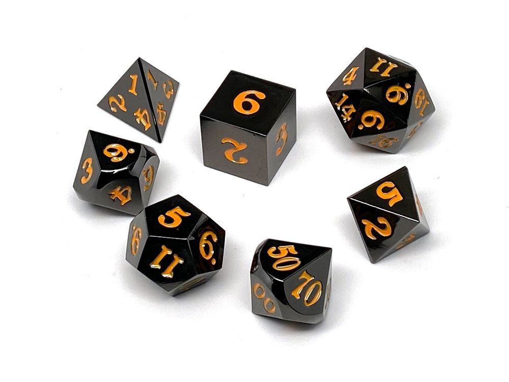 Easy Roller Metal Gunmetal Orange Signature Font 7ct Polyhedral Set Dice Easy Roller Dice