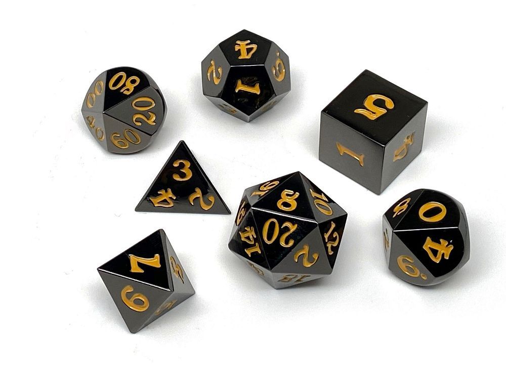 Easy Roller Metal Gunmetal Gold Signature Font 7ct Polyhedral Set Dice Easy Roller Dice