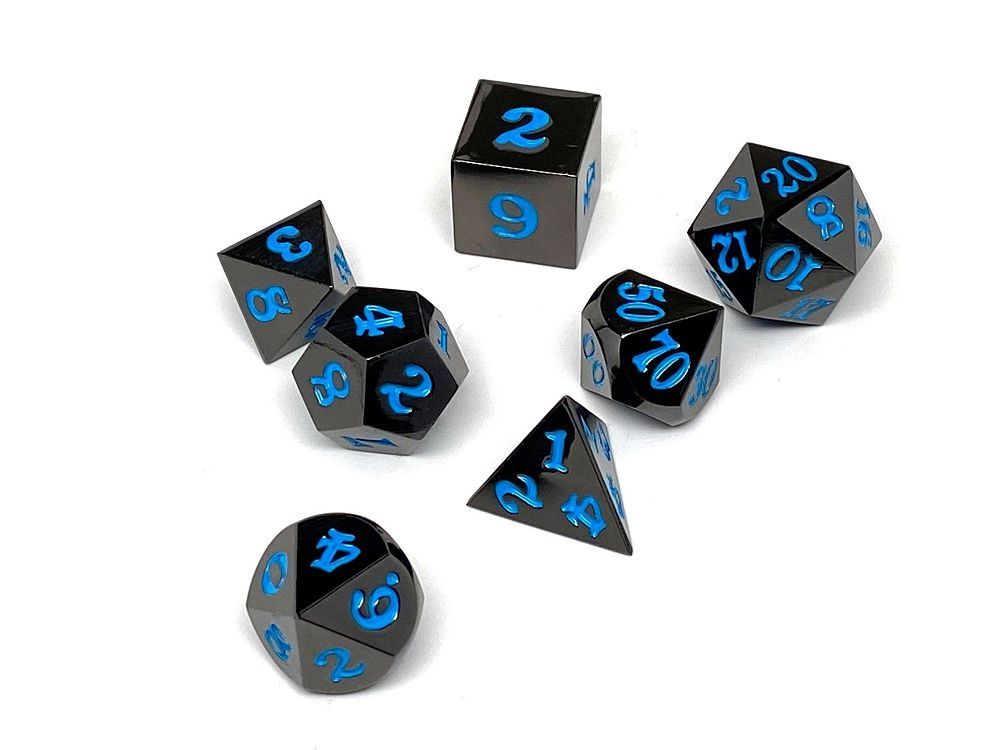 Easy Roller Metal Gunmetal Powder Blue Signature Font 7ct Polyhedral Set Dice Easy Roller Dice