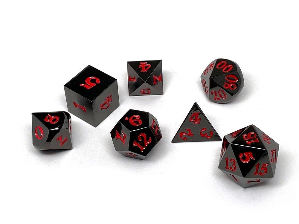 Easy Roller Metal Gunmetal Red Signature Font 7ct Polyhedral Set Dice Easy Roller Dice