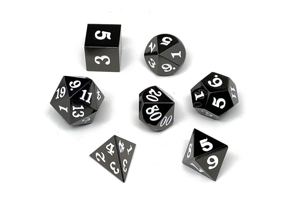 Easy Roller Metal Gunmetal White Signature Font 7ct Polyhedral Set Dice Easy Roller Dice