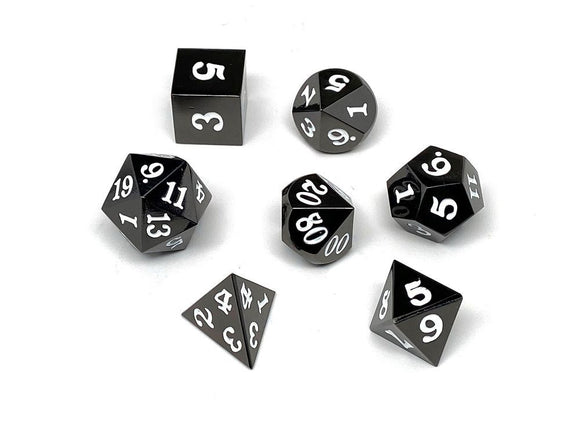 Easy Roller Metal Gunmetal White Signature Font 7ct Polyhedral Set Role Playing Games Easy Roller Dice   
