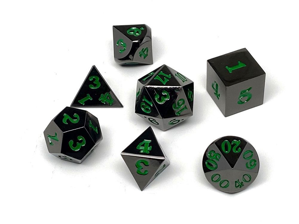 Easy Roller Metal Gunmetal Green Signature Font 7ct Polyhedral Set Dice Easy Roller Dice