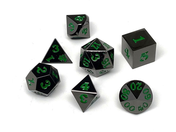 Easy Roller Metal Gunmetal Green Signature Font 7ct Polyhedral Set Role Playing Games Easy Roller Dice   