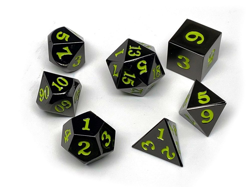 Easy Roller Metal Gunmetal Lime Signature Font 7ct Polyhedral Set Dice Easy Roller Dice