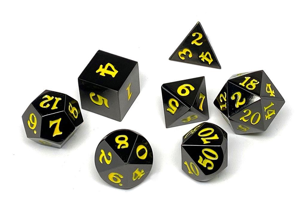 Easy Roller Metal Gunmetal Yellow Signature Font 7ct Polyhedral Set Dice Easy Roller Dice