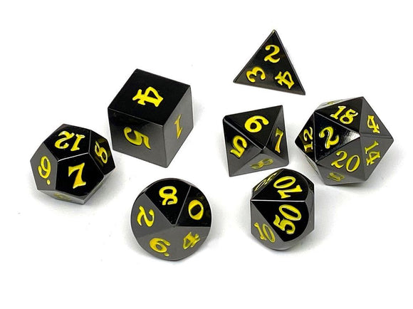 Easy Roller Metal Gunmetal Yellow Signature Font 7ct Polyhedral Set Role Playing Games Easy Roller Dice   