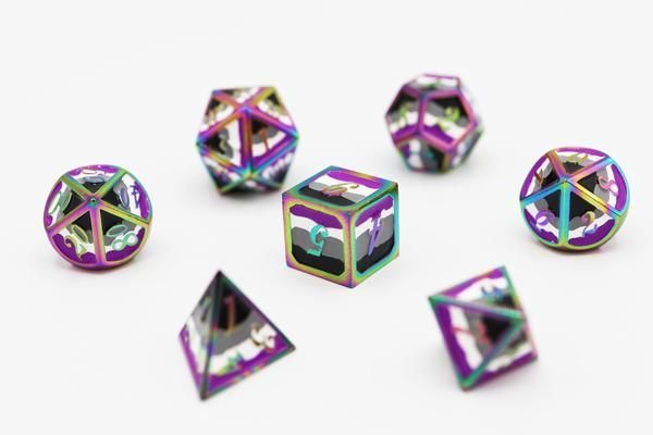 Dice for All 7pc Metal RPG Dice Set - Asexual Pride Flag with Rainbow Metal Dice Foam Brain Games