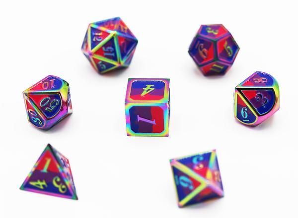 Dice for All 7pc Metal RPG Dice Set - Bisexual Pride Flag with Rainbow Metal Dice Foam Brain Games