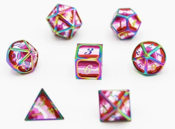 Dice for All 7pc Metal RPG Dice Set - Lesbian Pride Flag with Rainbow Metal Dice Foam Brain Games