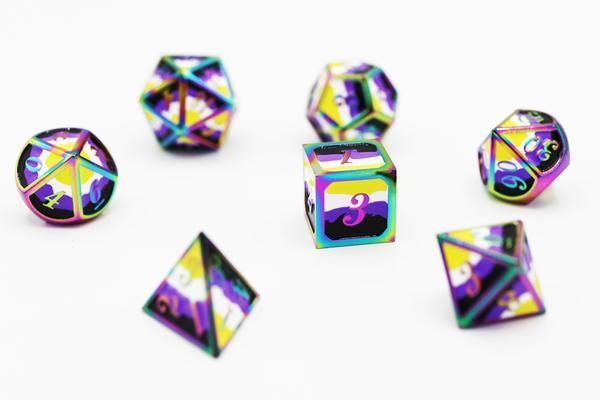 Dice for All 7pc Metal RPG Dice Set - Nonbinary Pride Flag with Rainbow Metal Dice Foam Brain Games