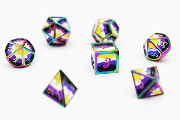 Dice for All 7pc Metal RPG Dice Set - Nonbinary Pride Flag with Rainbow Metal Board Games Foam Brain Games   