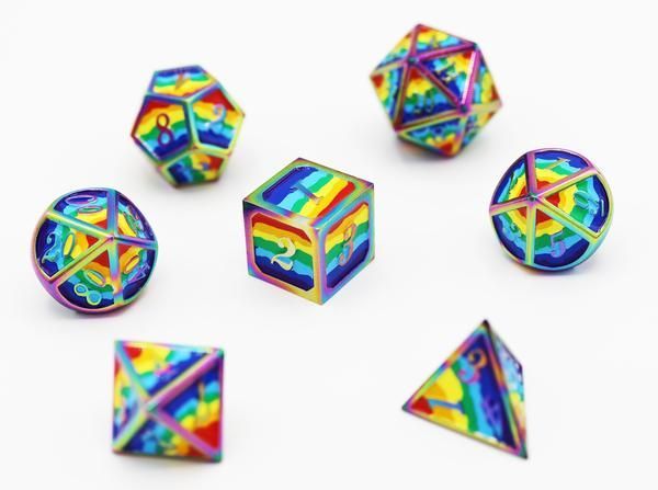Dice for All 7pc Metal RPG Dice Set - Rainbow Pride Flag with Rainbow Metal Dice Foam Brain Games