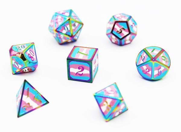 Dice for All 7pc Metal RPG Dice Set - Transgender Pride Flag with Rainbow Metal Dice Foam Brain Games