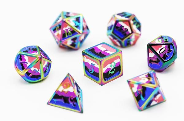 Dice for All 7pc Metal RPG Dice Set - Gender Fluid Pride Flag with Rainbow Metal Dice Foam Brain Games