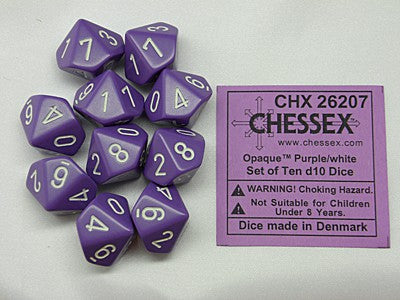 Chessex Opaque Purple/White 10ct D10 Set (26207) Dice Chessex   