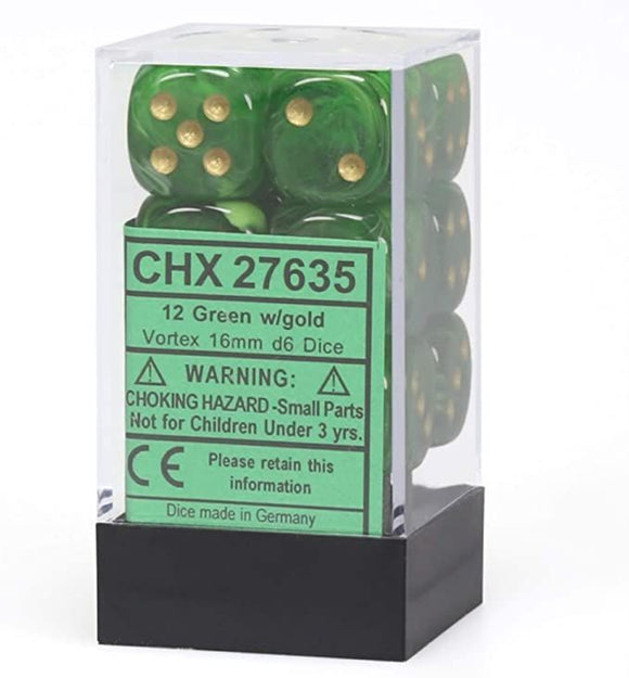 Chessex 16mm Vortex Green/Gold 12ct D6 Set (27635) Dice Chessex   