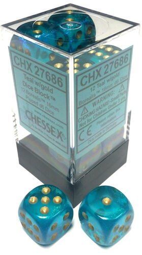 Chessex 16mm Borealis Teal/Gold 12ct D6 Set (27686) Dice Chessex   