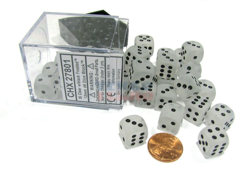 Chessex 12mm Frosted Clear/Black 36ct D6 Set (27801) Dice Chessex   