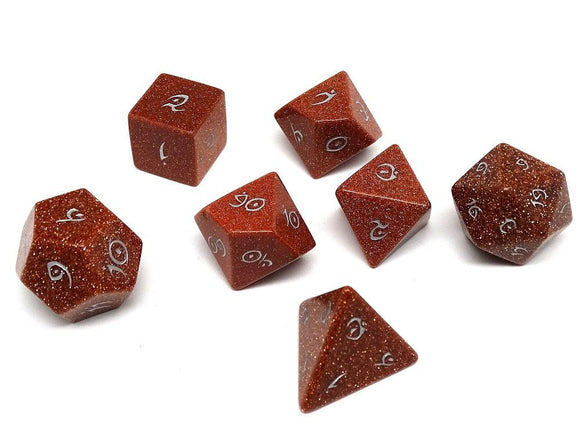 Goldstone Semi-Precious Gemstone 7ct Polyhedral Dice Set with Elvenkind Font Dice Easy Roller Dice   