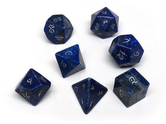 Lapis Semi-Precious Gemstone 7ct Polyhedral Dice Set with Silver Elvenkind Font Dice Easy Roller Dice   
