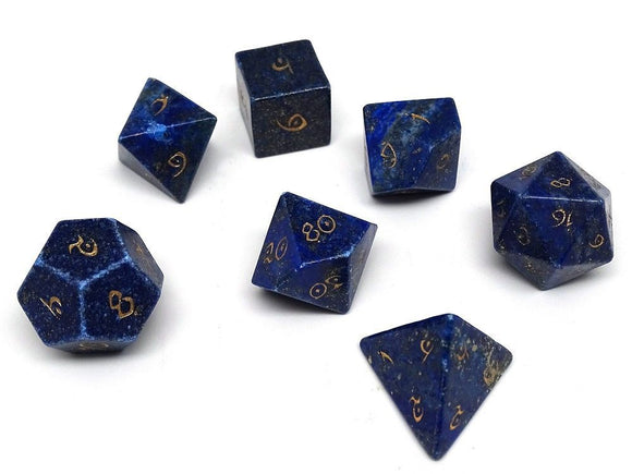 Lapis Semi-Precious Gemstone 7ct Polyhedral Dice Set with Gold Elvenkind Font Dice Easy Roller Dice   
