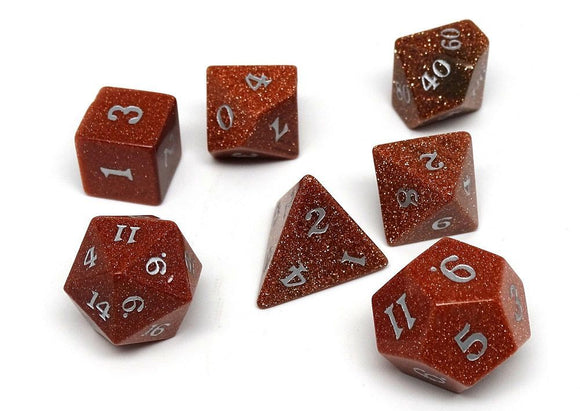 Goldstone Semi-Precious Gemstone 7ct Polyhedral Dice Set with Signature Font Dice Easy Roller Dice   