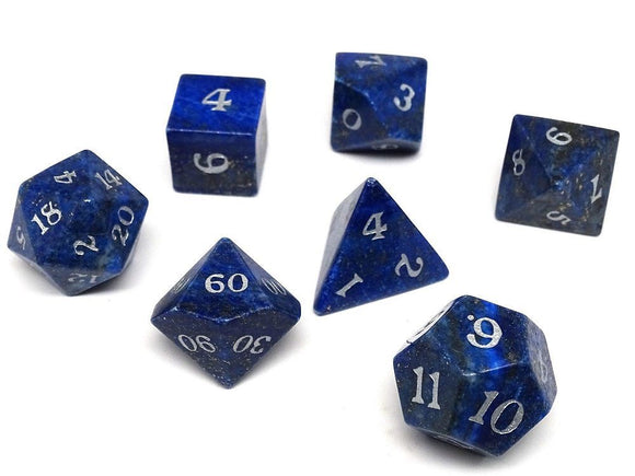 Lapis Semi-Precious Gemstone 7ct Polyhedral Dice Set with Silver Signature Font Dice Easy Roller Dice   