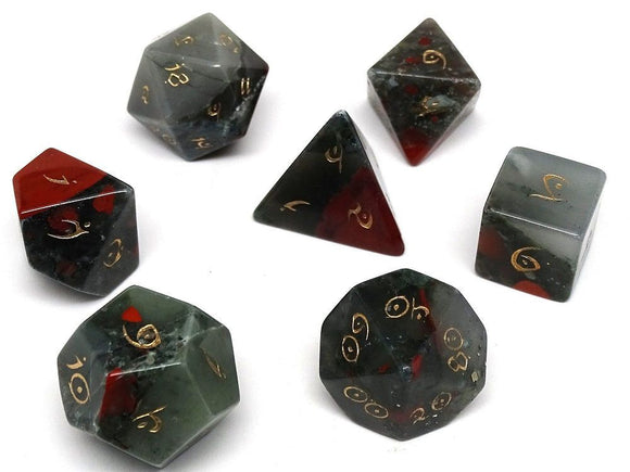 African Bloodstone Semi-Precious Gemstone 7ct Polyhedral Dice Set with Elvenkind Font Dice Easy Roller Dice   