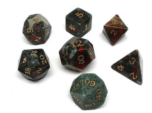 African Bloodstone Semi-Precious Gemstone 7ct Polyhedral Dice Set with Signature Font Dice Easy Roller Dice   