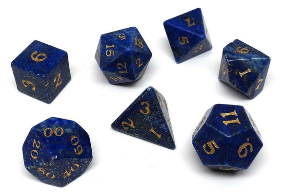Lapis Semi-Precious Gemstone 7ct Polyhedral Dice Set with Gold Signature Font Dice Easy Roller Dice   