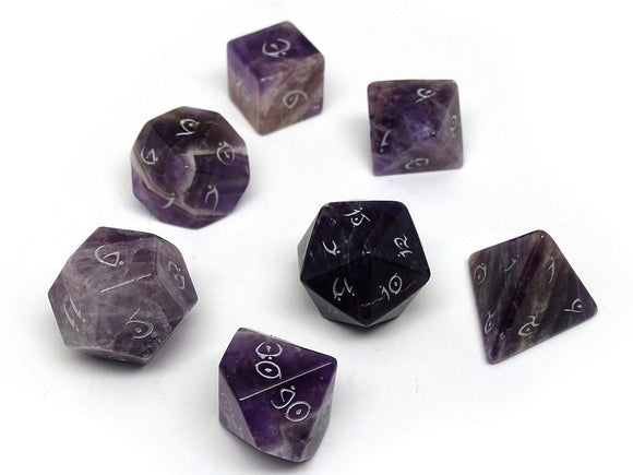 Amethyst Semi-Precious Gemstone 7ct Polyhedral Dice Set with Elvenkind Font Dice Easy Roller Dice   
