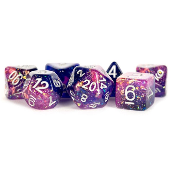 Metallic Dice Games 7ct Polyhedral Dice Set Eternal Purple-Blue with White Dice FanRoll by Metallic Dice Games   