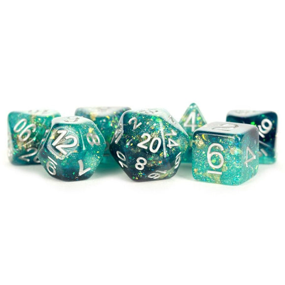 Metallic Dice Games 7ct Polyhedral Dice Set Eternal Teal-Black with White Dice FanRoll   