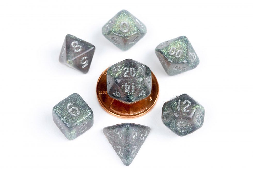 Metallic Dice Games 7ct 10mm Mini Polyhedral Dice Set Stardust Gray w/ Silver Dice FanRoll by Metallic Dice Games   